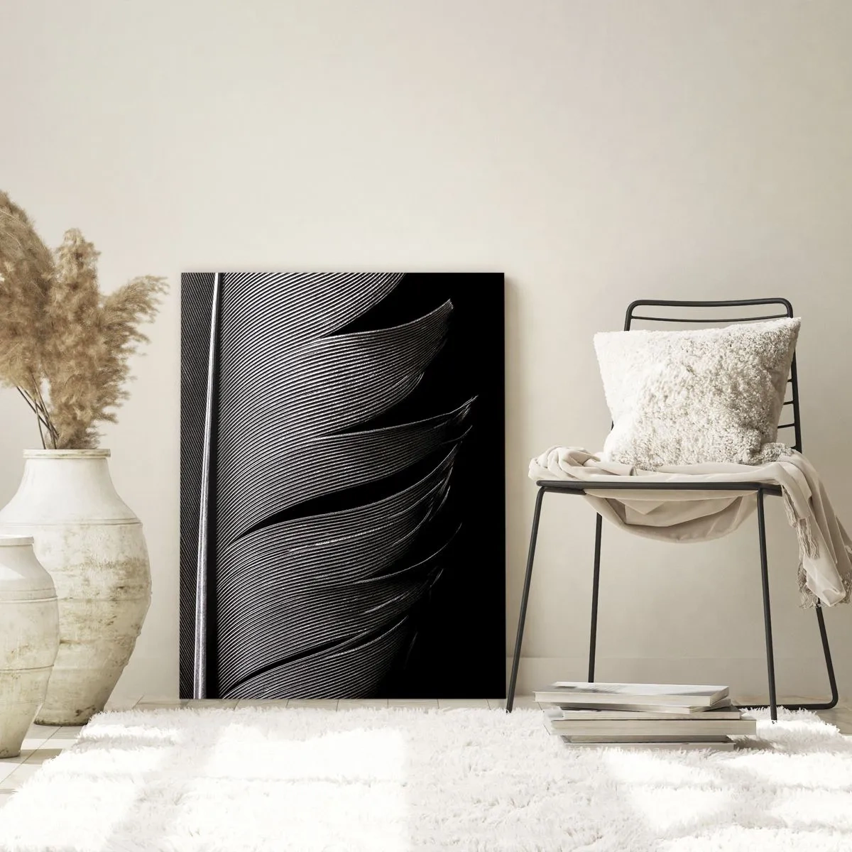 Glasbild - Bild auf glas - Schwarz-weiße Federstruktur im minimalistischen Stil - 70x100cm - Stift – ein wunderbares Design - Moderne Wanddekoration für Wohnzimmer und Schlafzimmer ARTTOR