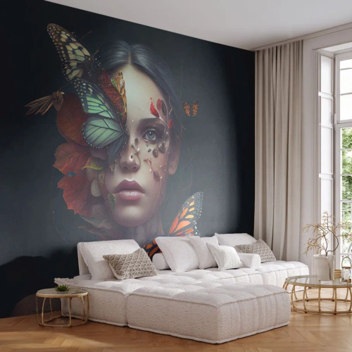 Selbstklebende Fototapete Deluxe Sticker - Wunderbare Metamorphose - Schmetterlinge, Gesicht, Frau - 300x210 cm