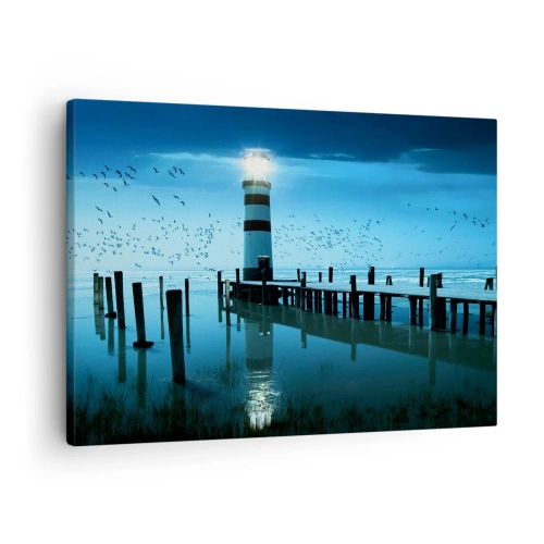 Bild auf Leinwand - Leinwandbild - Der Leuchtturm am Pier beleuchtet in der Nacht - 70x50cm - Und du hast keine Angst vor der Dunkelheit - Moderne Wanddekoration für Wohnzimmer und Schlafzimmer ARTTOR
