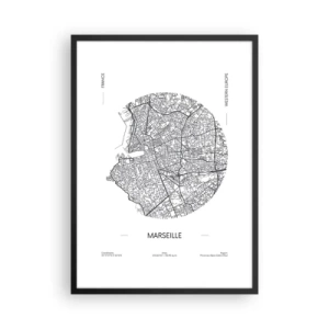 Poster in einem schwarzem Rahmen - Minimalistische Karte von Marseille in einem Kreis - 50x70cm - Anatomie von Marseille - Moderne Wanddekoration für Wohnzimmer und Schlafzimmer ARTTOR