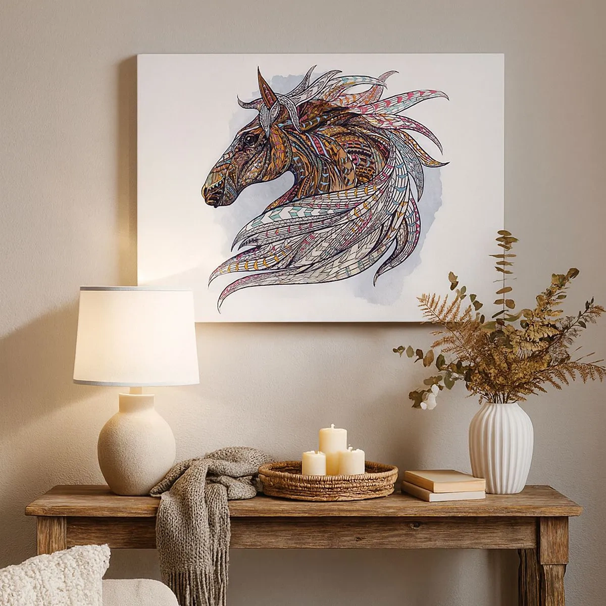 Bild auf Leinwand - Leinwandbild - Ein geometrisches Pferd mit einer farbenfrohen, detaillierten Mähne - 70x50cm - Keltisches Kriegsross - Moderne Wanddekoration für Wohnzimmer und Schlafzimmer ARTTOR