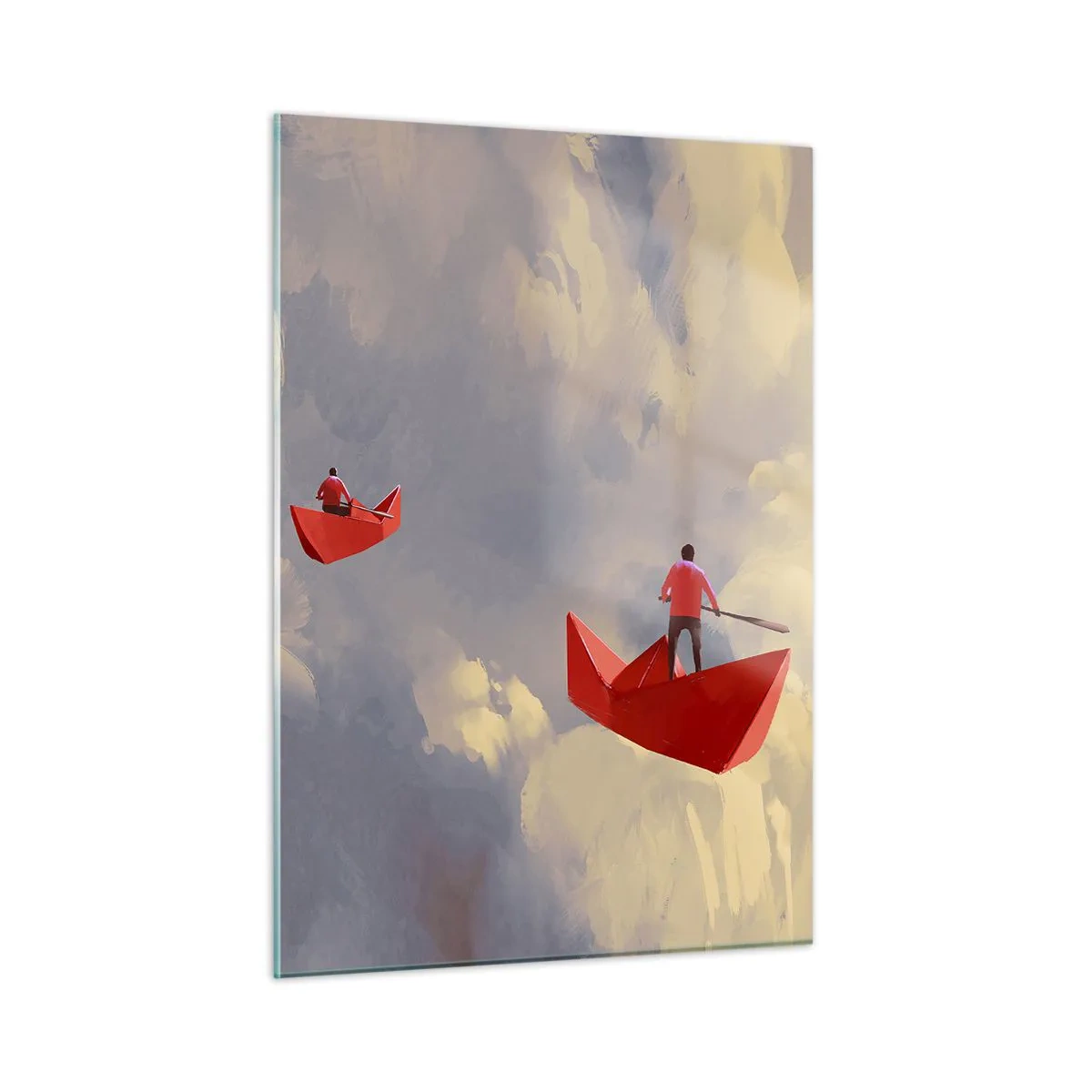 Glasbild - Bild auf glas - Zwei Menschen in roten Booten vor einem bewölkten Himmel - 50x70cm - Expedition der Träumer - Moderne Wanddekoration für Wohnzimmer und Schlafzimmer ARTTOR