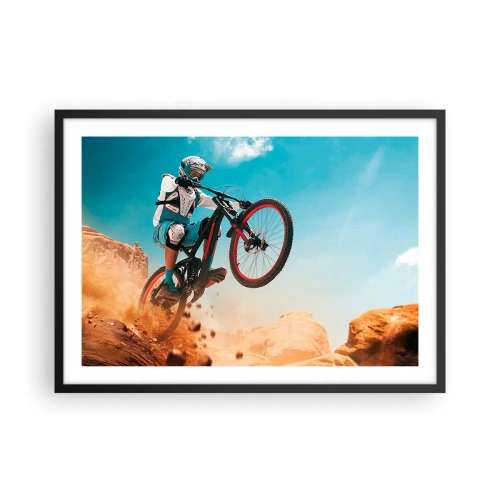 Poster in einem schwarzem Rahmen - Ein Mountainbiker macht einen Sprung vor einer Felskulisse - 70x50cm - Fahrrad-Wahnsinn-Dämon - Moderne Wanddekoration für Wohnzimmer und Schlafzimmer ARTTOR