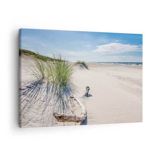 Bild auf Leinwand - Leinwandbild - Ein Ostseestrand mit Sand, Gras und einem ruhigen blauen Himmel - 70x50cm - Der schönste Strand? Ostsee-Strand - Moderne Wanddekoration für Wohnzimmer und Schlafzimmer ARTTOR