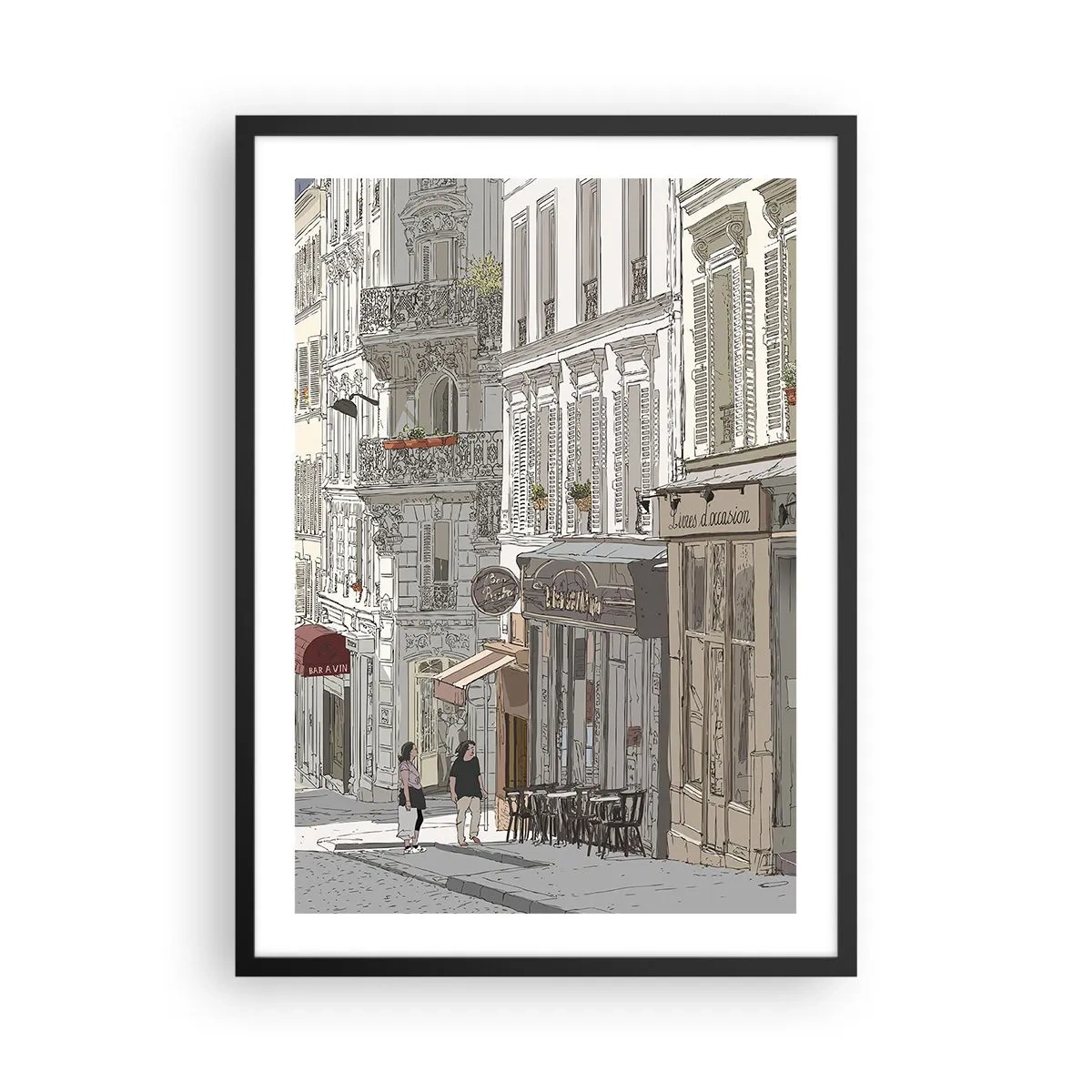 Poster in einem schwarzem Rahmen - Illustration einer charmanten Straße im Pariser Stil - 50x70cm - Stadtfreuden - Moderne Wanddekoration für Wohnzimmer und Schlafzimmer ARTTOR
