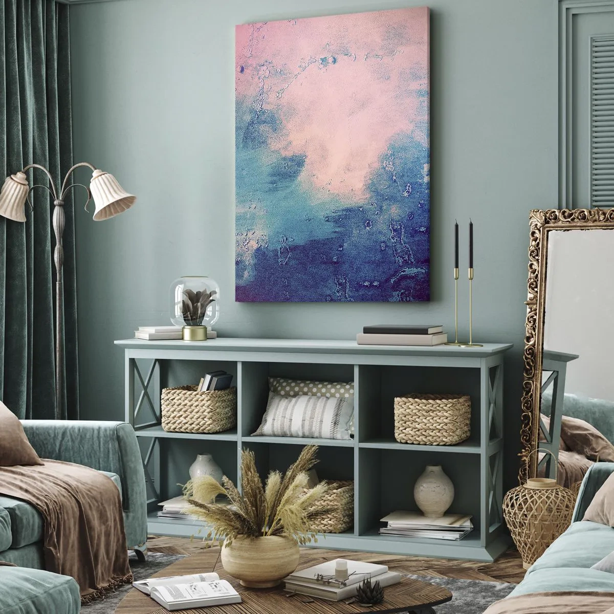 Bild auf Leinwand - Leinwandbild - Abstrakte Textur in Rosa- und Blautönen - 80x120cm - Himmelsblaue Umarmungen - Moderne Wanddekoration für Wohnzimmer und Schlafzimmer ARTTOR