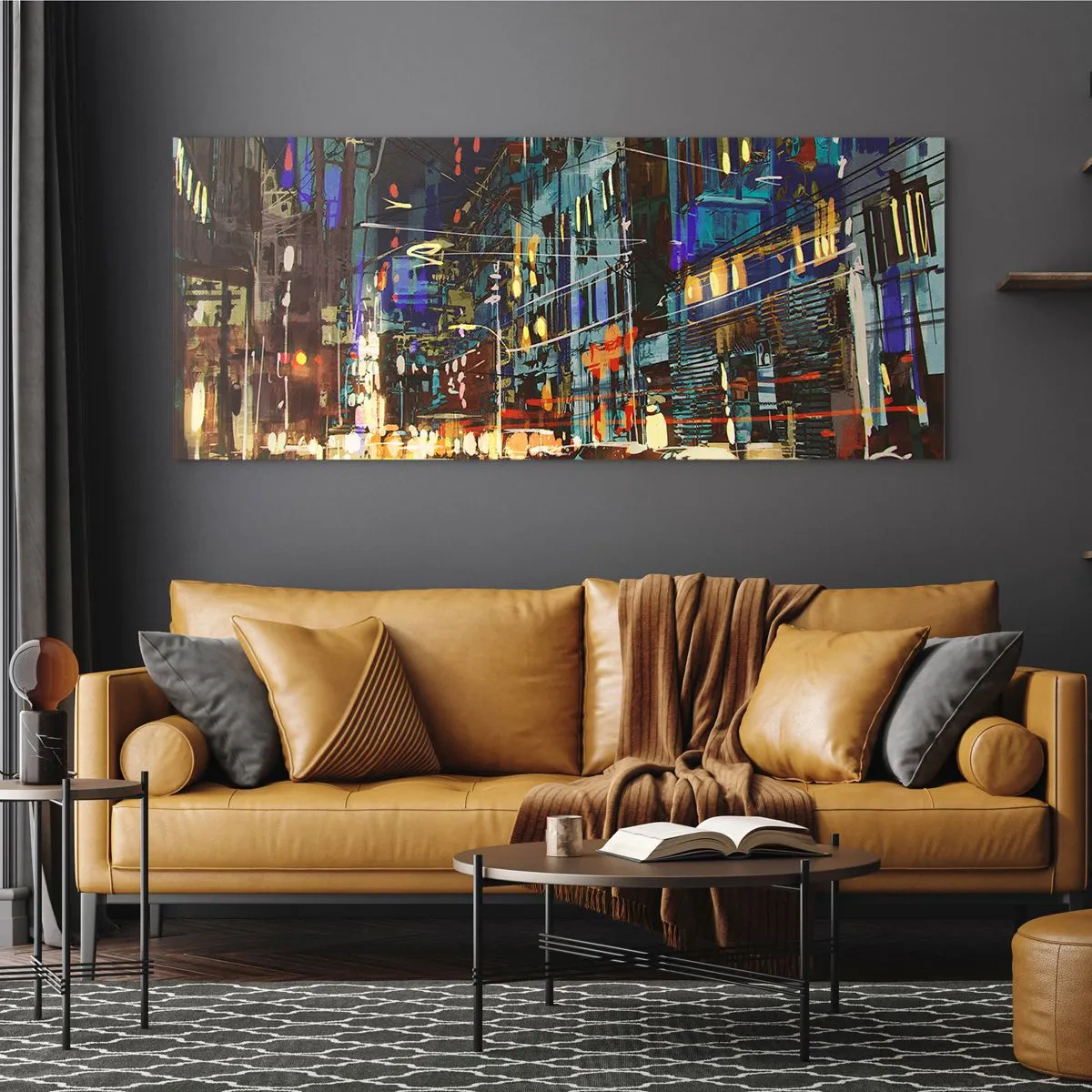 Glasbild - Bild auf glas - Stadtnachtszene mit Neonlichtern - 120x50cm - Abendlicher Straßentrubel - Moderne Wanddekoration für Wohnzimmer und Schlafzimmer ARTTOR