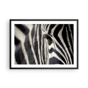 Poster in einem schwarzem Rahmen - Nahaufnahme eines Zebraauges mit schwarzen und weißen Streifen - 70x50cm - Gestreiftes Porträt - Moderne Wanddekoration für Wohnzimmer und Schlafzimmer ARTTOR
