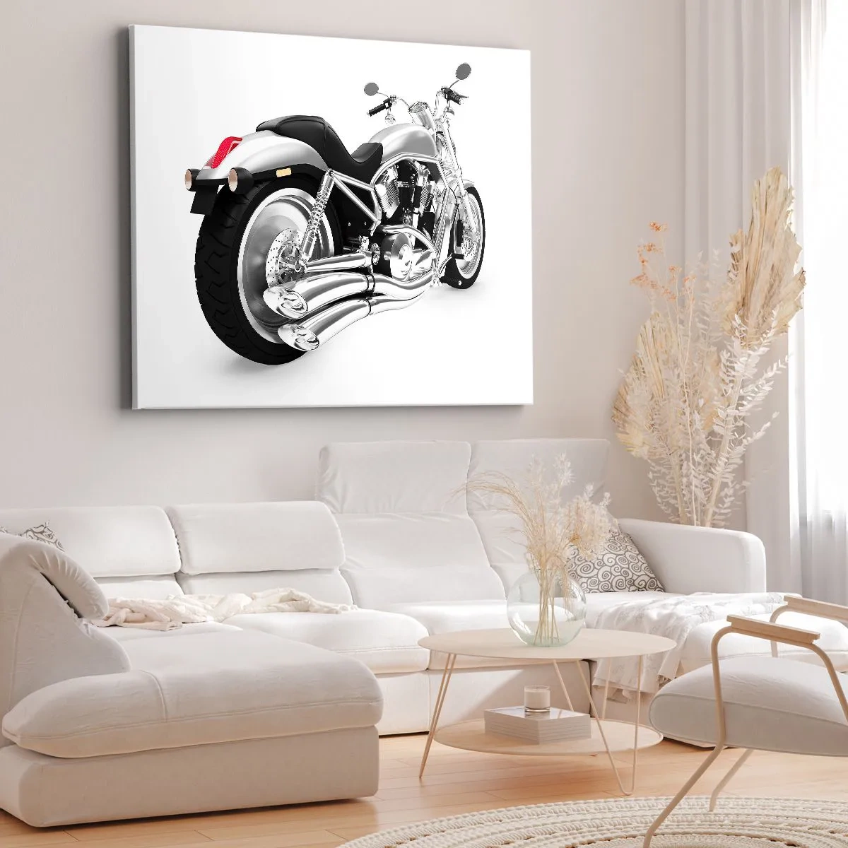 Bild auf Leinwand - Leinwandbild - Chrom Motorrad auf weißem Hintergrund - 70x50cm - Ein Sammlertraum - Moderne Wanddekoration für Wohnzimmer und Schlafzimmer ARTTOR