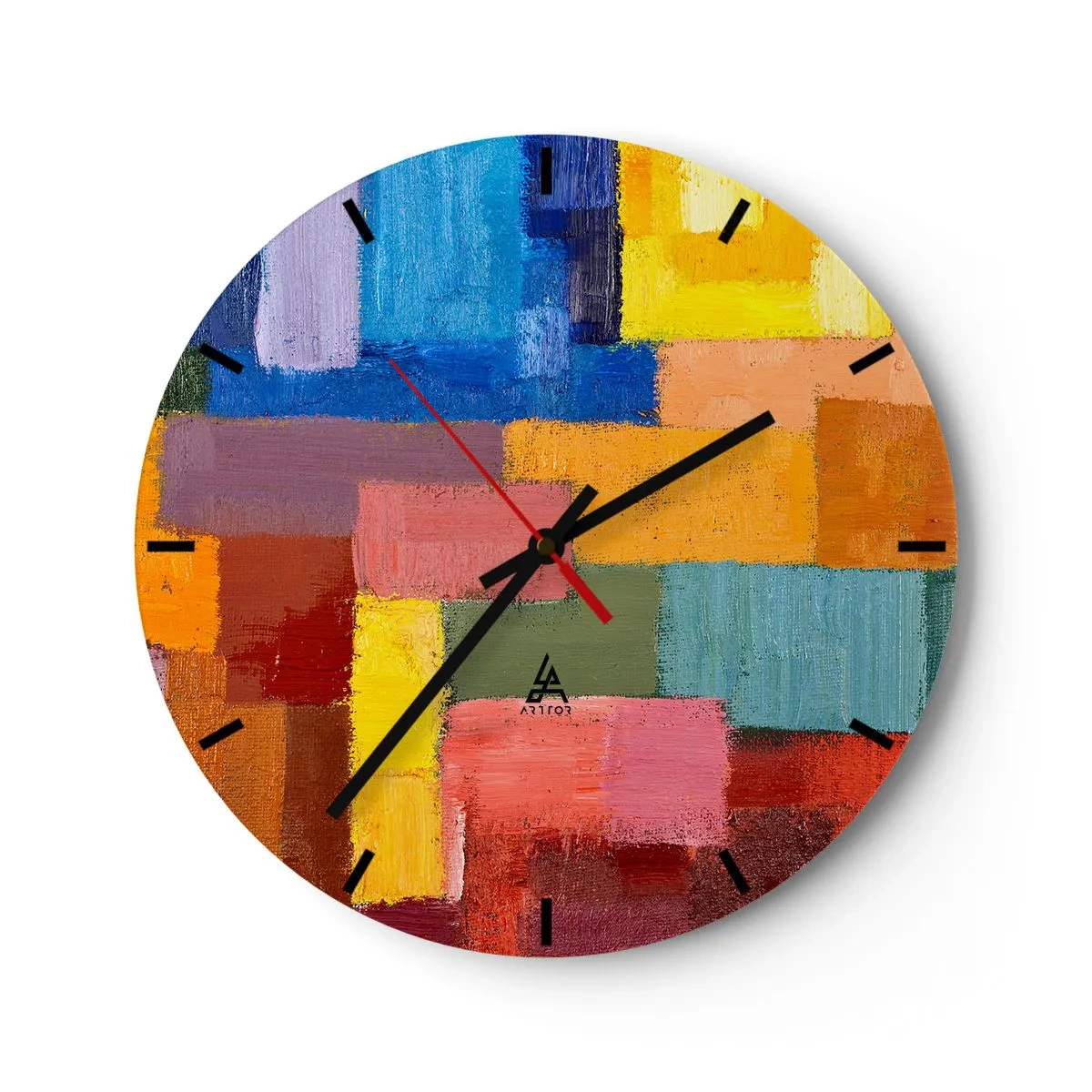 Wanduhr - Glasuhr - Bunte Rechtecke mit einer Ölfarbenstruktur auf dem Zifferblatt - 30x30cm - Jeder ist anders, alle bunt - Moderne Wanddekoration für Wohnzimmer, Küche und Schlafzimmer ARTTOR