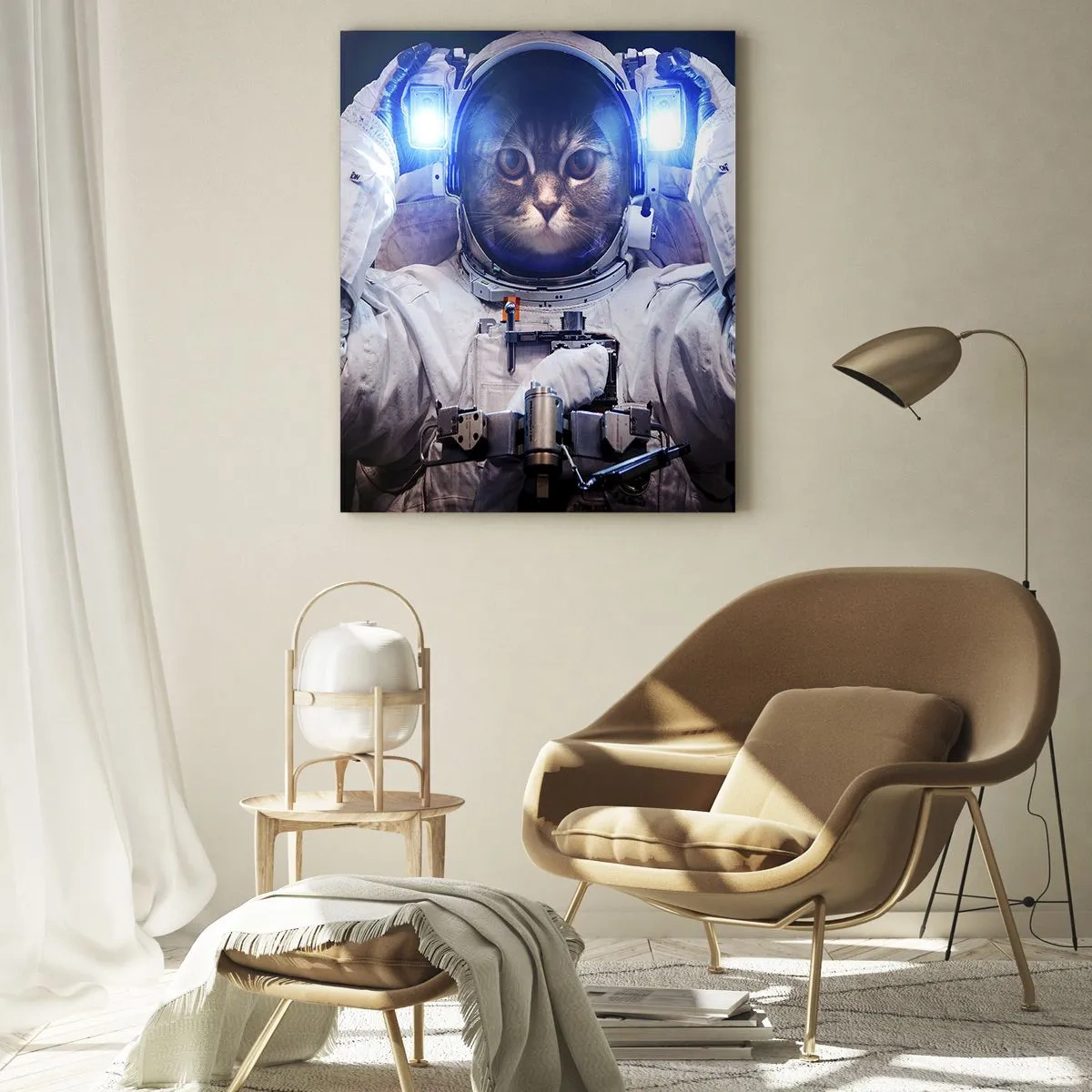 Glasbild - Bild auf glas - Eine Katze im Astronautenanzug mit der Erde im Hintergrund und einem hellen Licht. - 70x100cm - Houston, du hast ein Problem - Moderne Wanddekoration für Wohnzimmer und Schlafzimmer ARTTOR