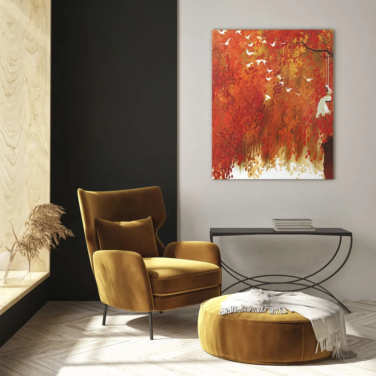 Glasbild - Bild auf glas - Rote Blätter, ein einsamer Baum und Vögel in einer Herbstszene - 50x70cm - Wird er mit ihnen fliegen? - Moderne Wanddekoration für Wohnzimmer und Schlafzimmer ARTTOR