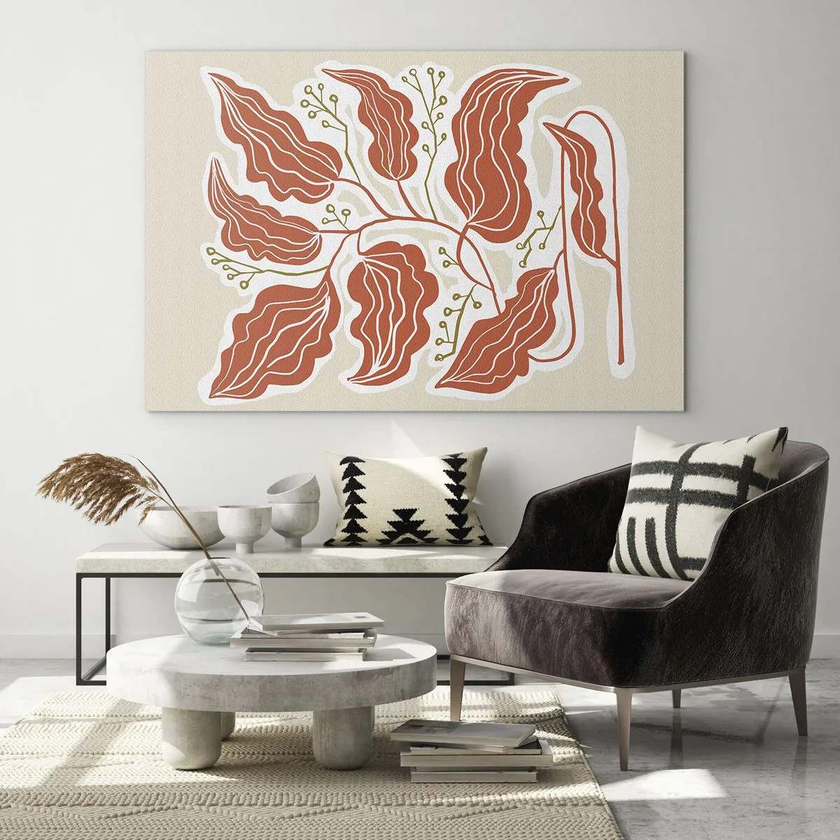 Glasbild - Bild auf glas - Korallenblätter mit volkstümlichem Muster auf hellem Hintergrund - 100x70cm - Im Folkstil und korallenartig - Moderne Wanddekoration für Wohnzimmer und Schlafzimmer ARTTOR