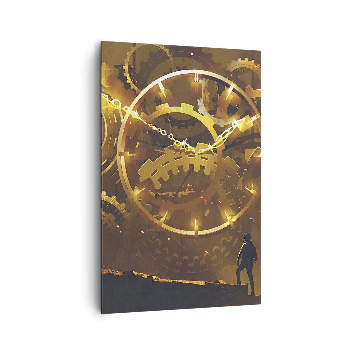 Bild auf Leinwand - Leinwandbild - Goldene Zahnräder in einer surrealen Umgebung mit einer Figur - 80x120cm - An der Quelle der Zeit - Moderne Wanddekoration für Wohnzimmer und Schlafzimmer ARTTOR