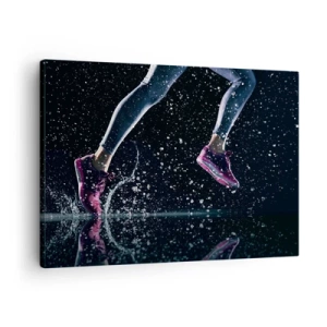 Bild auf Leinwand - Leinwandbild - Eine dynamische Aufnahme eines Laufs im Regen vor schwarzem Hintergrund - 70x50cm - Wie viel Kraft in den Beinen - Moderne Wanddekoration für Wohnzimmer und Schlafzimmer ARTTOR