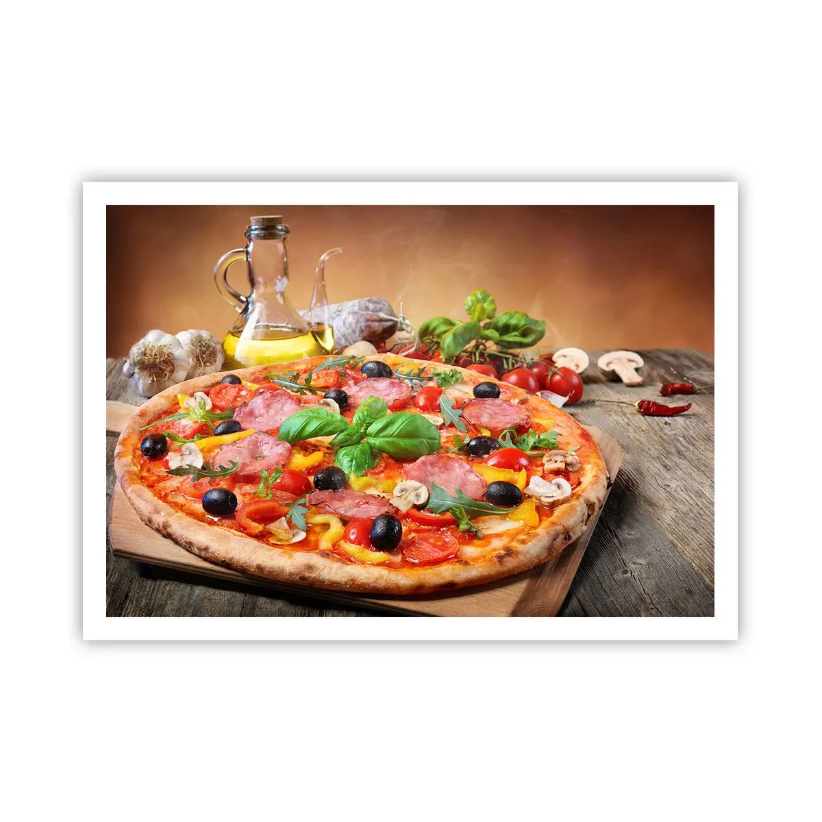 Poster - Appetitliche Pizza auf einem Holztisch mit Belag - 100x70cm - Mit echtem italienischem Flair - Moderne Wanddekoration für Wohnzimmer und Schlafzimmer ARTTOR