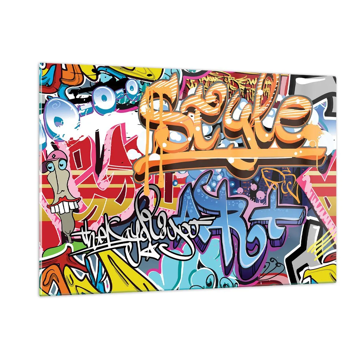 Glasbild - Bild auf glas - Bunte Graffiti mit dynamischen Inschriften und Zeichnungen - 120x80cm - Wandbilder, Wandbilder, Wandbilder ... - Moderne Wanddekoration für Wohnzimmer und Schlafzimmer ARTTOR