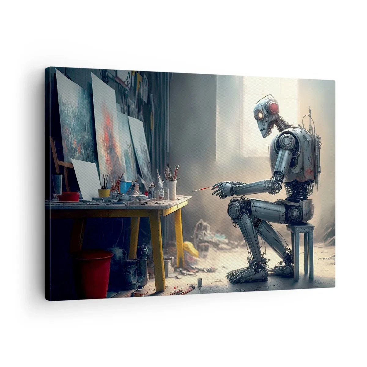 Bild auf Leinwand - Leinwandbild - Ein Roboter malt ein Bild in einem Kunstatelier - 70x50cm - Schöpfungsakt - Moderne Wanddekoration für Wohnzimmer und Schlafzimmer ARTTOR