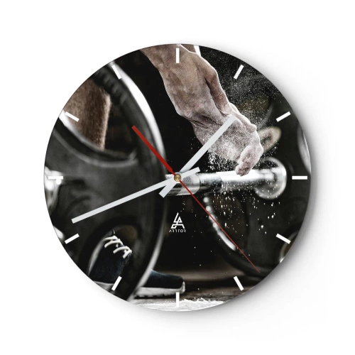 Wanduhr - Glasuhr - Hantel und Hand beim Training - 30x30cm - Herausforderung angenommen! - Moderne Wanddekoration für Wohnzimmer, Küche und Schlafzimmer ARTTOR