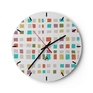 Wanduhr - Glasuhr - Bunte Quadrate auf weißem Hintergrund im abstrakten Stil - 30x30cm - Unbekanntes Spiel - Moderne Wanddekoration für Wohnzimmer, Küche und Schlafzimmer ARTTOR
