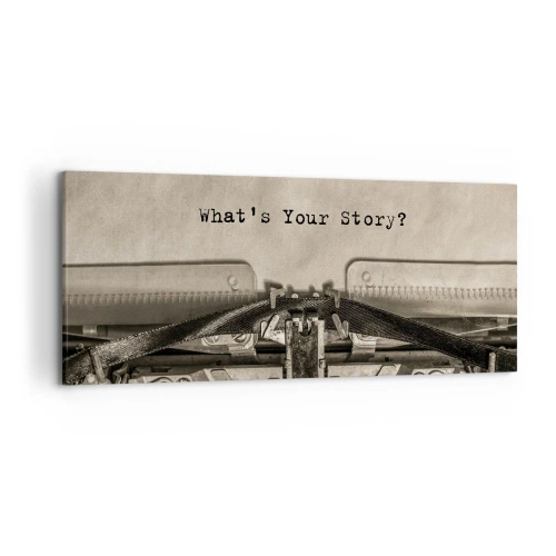 Bild auf Leinwand - Leinwandbild - Eine Schreibmaschine mit den Worten „Was ist Ihre Geschichte?“ - 120x50cm - Erzähl es mir - Moderne Wanddekoration für Wohnzimmer und Schlafzimmer ARTTOR