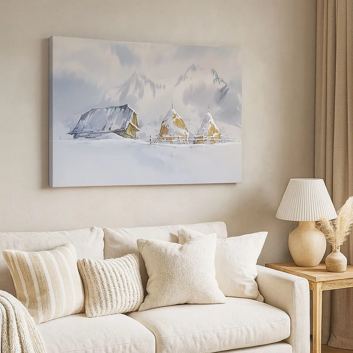 Bild auf Leinwand - Leinwandbild - Winterlandschaft mit Hütte und Heuhaufen in den Bergen - 70x50cm - In einem verschneiten Talkessel - Moderne Wanddekoration für Wohnzimmer und Schlafzimmer ARTTOR