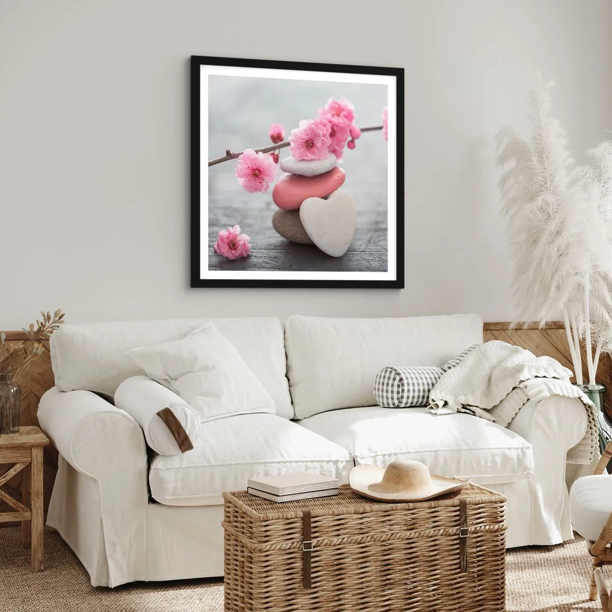 Poster in einem schwarzem Rahmen - Glückseligkeit mit einer Kirschblüte - 50x50 cm