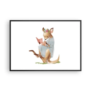 Poster in einem schwarzem Rahmen - Kanga liest mit einem Baby ein Buch - 100x70cm - Lies mir vor Mama - Moderne Wanddekoration für Wohnzimmer und Schlafzimmer ARTTOR