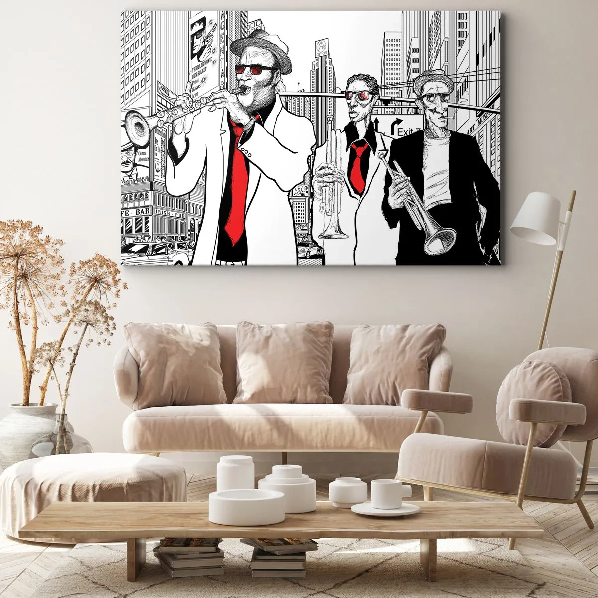 Bild auf Leinwand - Leinwandbild - Illustration von Jazzmusikern vor urbaner Kulisse - 120x80cm - Urbane Rhapsodie in Schwarz und Rot - Moderne Wanddekoration für Wohnzimmer und Schlafzimmer ARTTOR
