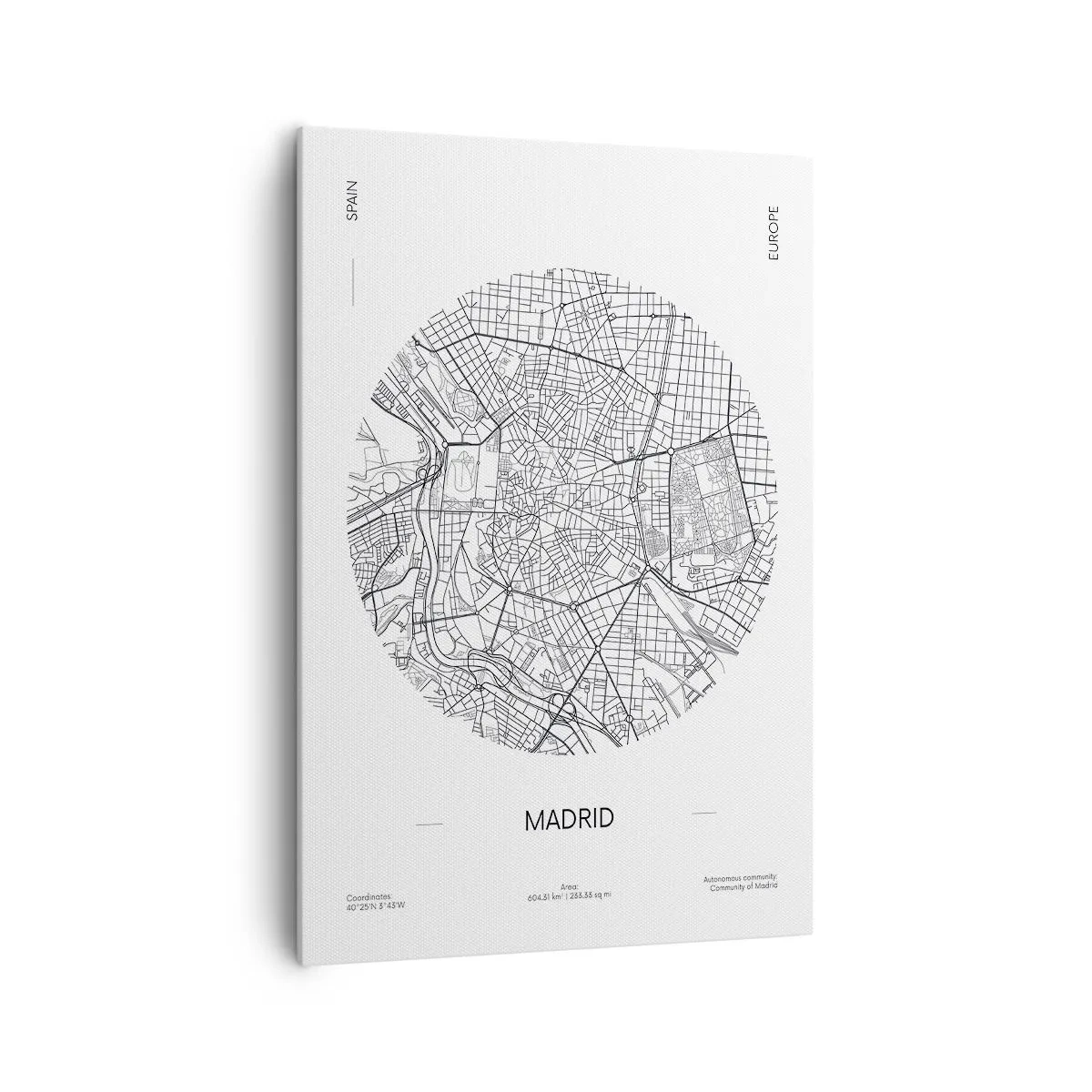 Bild auf Leinwand - Leinwandbild - Karte von Madrid im minimalistischen Schwarz-Weiß-Stil - 70x100cm - Anatomie von Madrid - Moderne Wanddekoration für Wohnzimmer und Schlafzimmer ARTTOR
