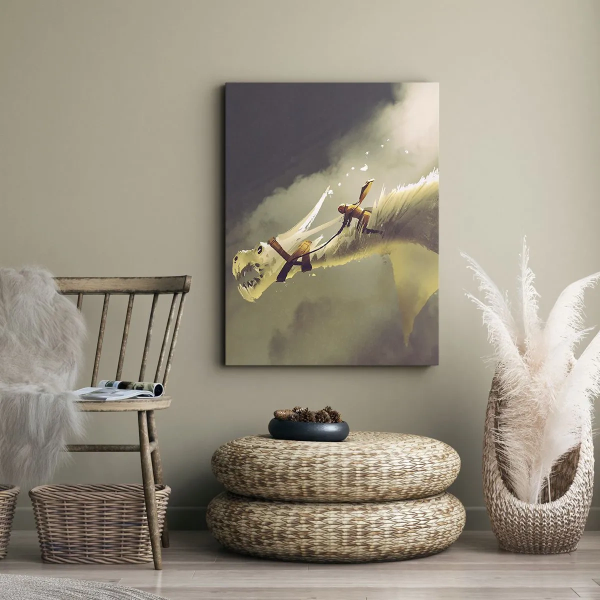 Bild auf Leinwand - Leinwandbild - Illustration eines Drachenreiters in einer Fantasy-Wolkenlandschaft - 70x100cm - Die Welt zur Rettung - Moderne Wanddekoration für Wohnzimmer und Schlafzimmer ARTTOR