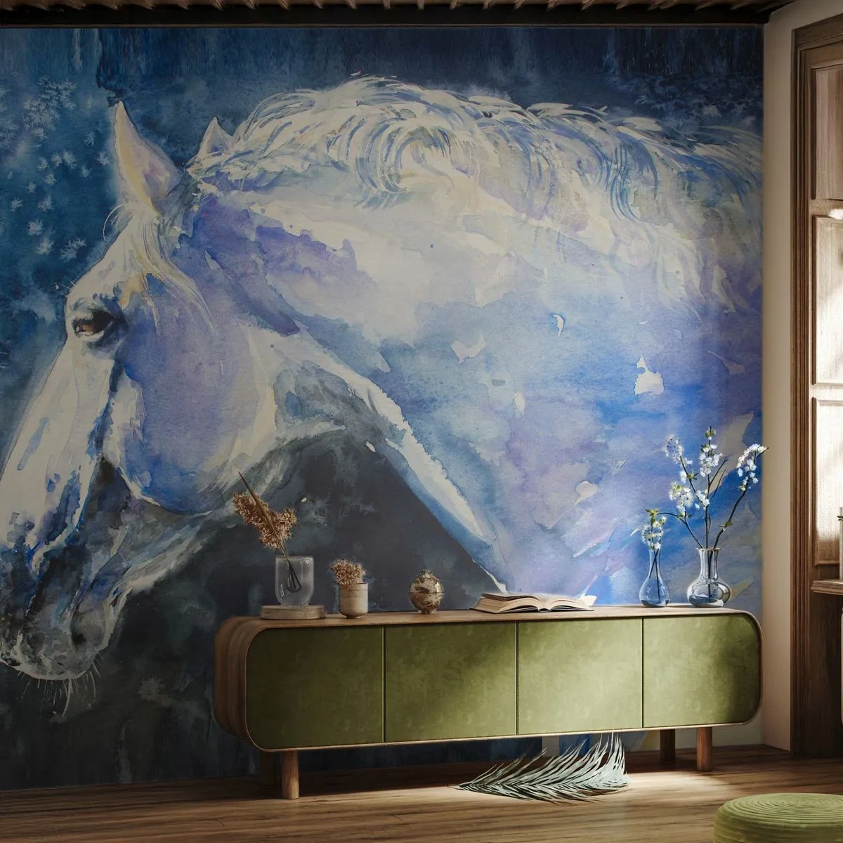 Fototapete Premium Canvas - Porträt in blauem Glanz - Pferd, Malerei, Tiere - 200x140 cm