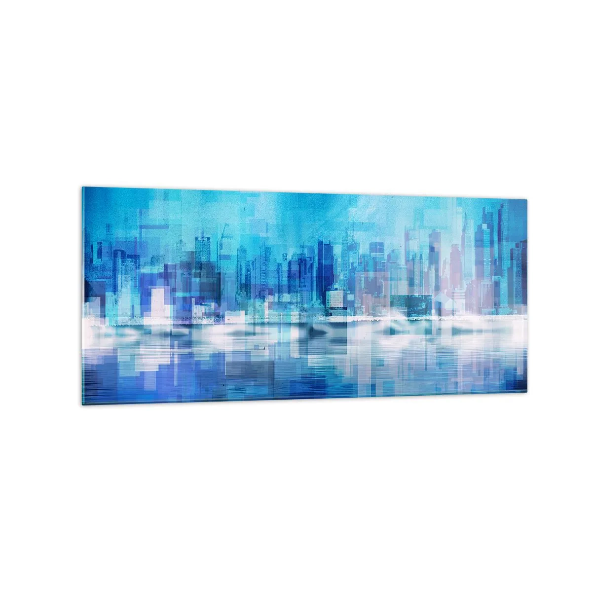 Glasbild - Bild auf glas - Abstraktes Stadtpanorama in Blautönen - 120x50cm - In Blau ertrunken - Moderne Wanddekoration für Wohnzimmer und Schlafzimmer ARTTOR