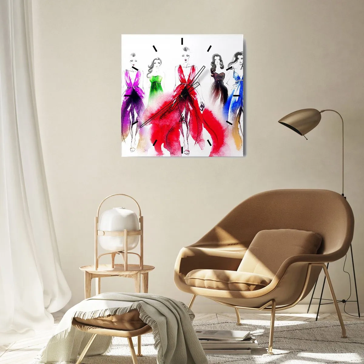 Wanduhr - Glasuhr - Modeillustration mit Models in bunten Kleidern - 30x30cm - Stimmungen für Kostüme - Moderne Wanddekoration für Wohnzimmer und Schlafzimmer ARTTOR