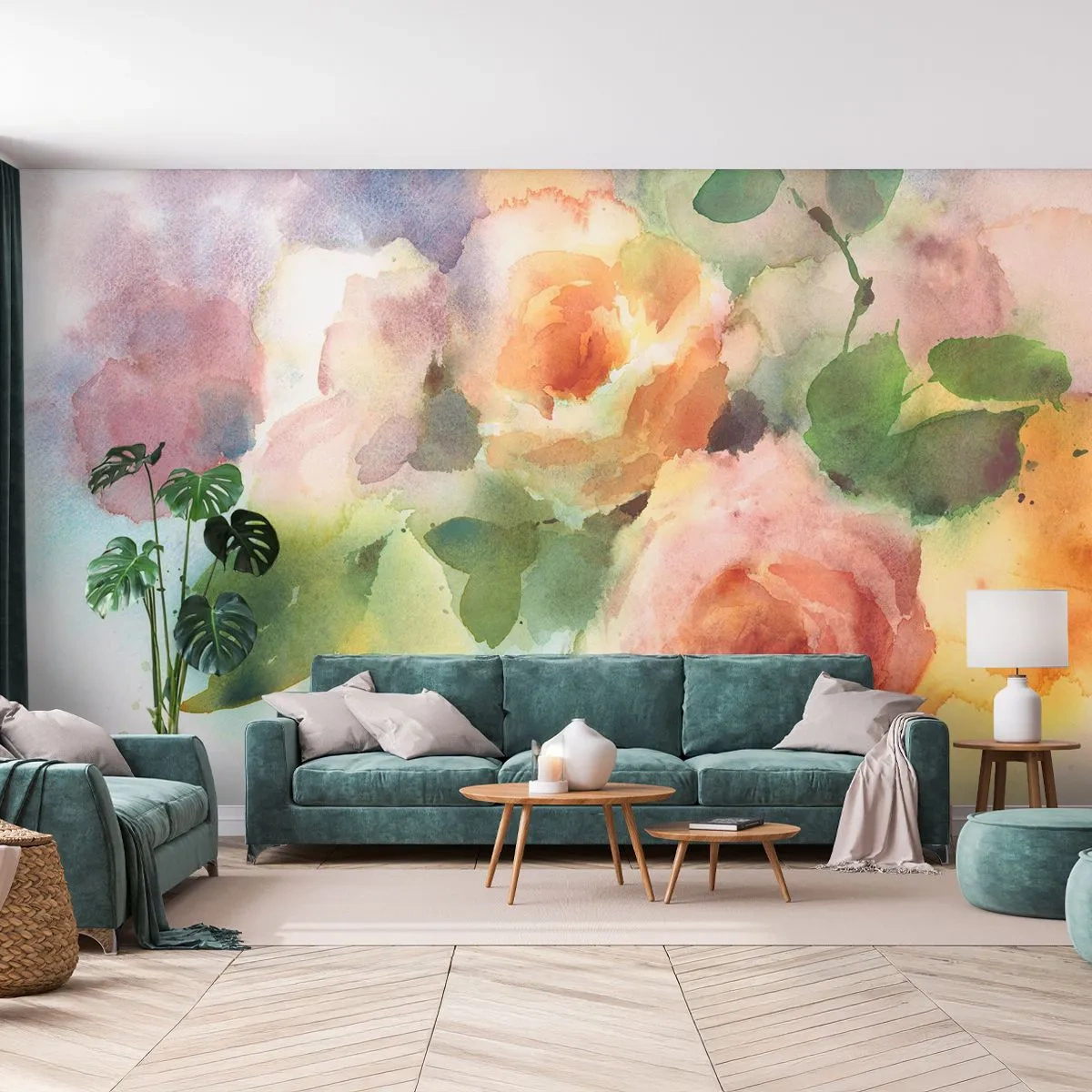 Fototapete Premium Sand - Zart wie Aquarell - Blumen, Rosen, Strauß - 500x350 cm