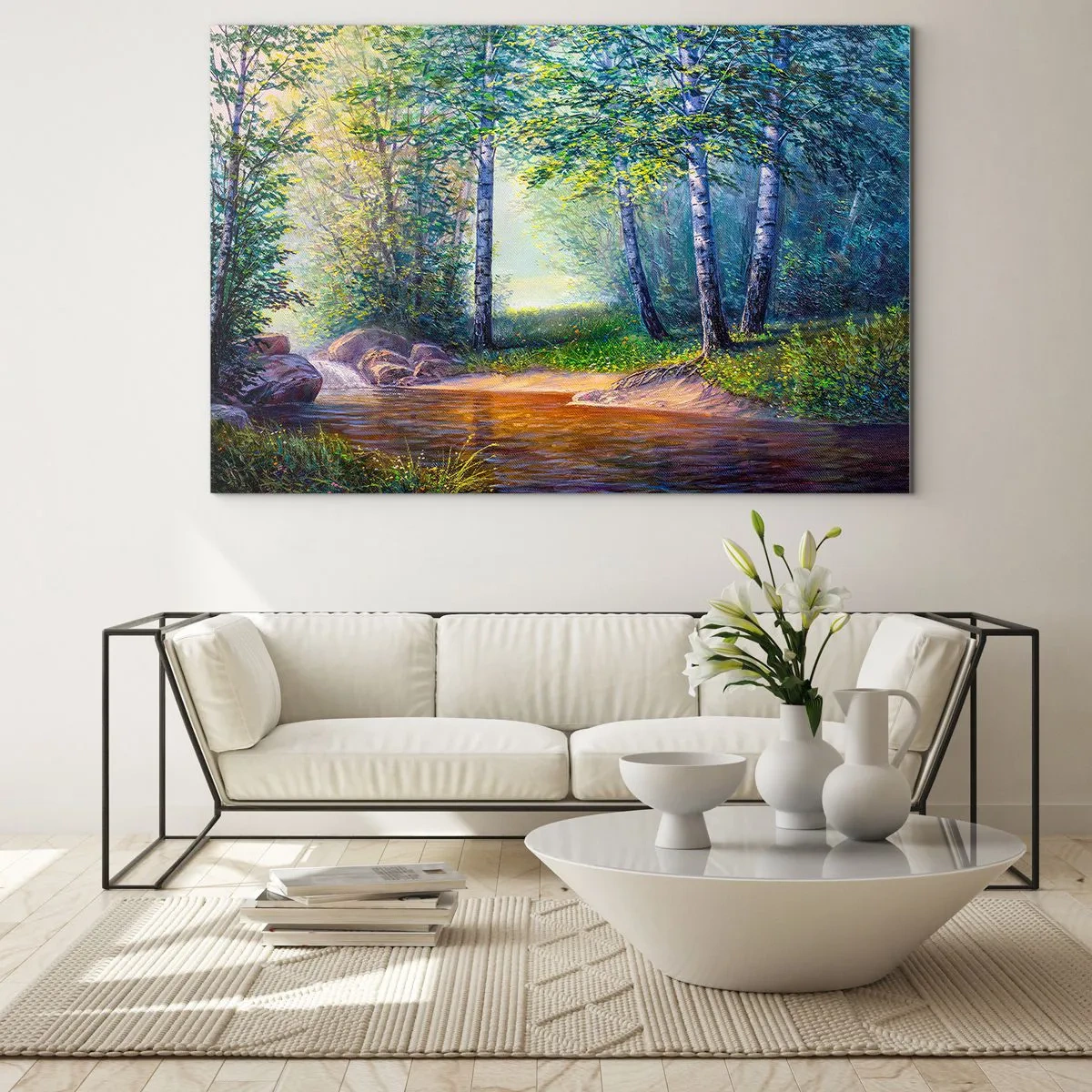 Glasbild - Bild auf glas - Ein Waldbach, umgeben von Bäumen in den Sonnenstrahlen - 70x50cm - Idyllische Landschaft - Moderne Wanddekoration für Wohnzimmer und Schlafzimmer ARTTOR