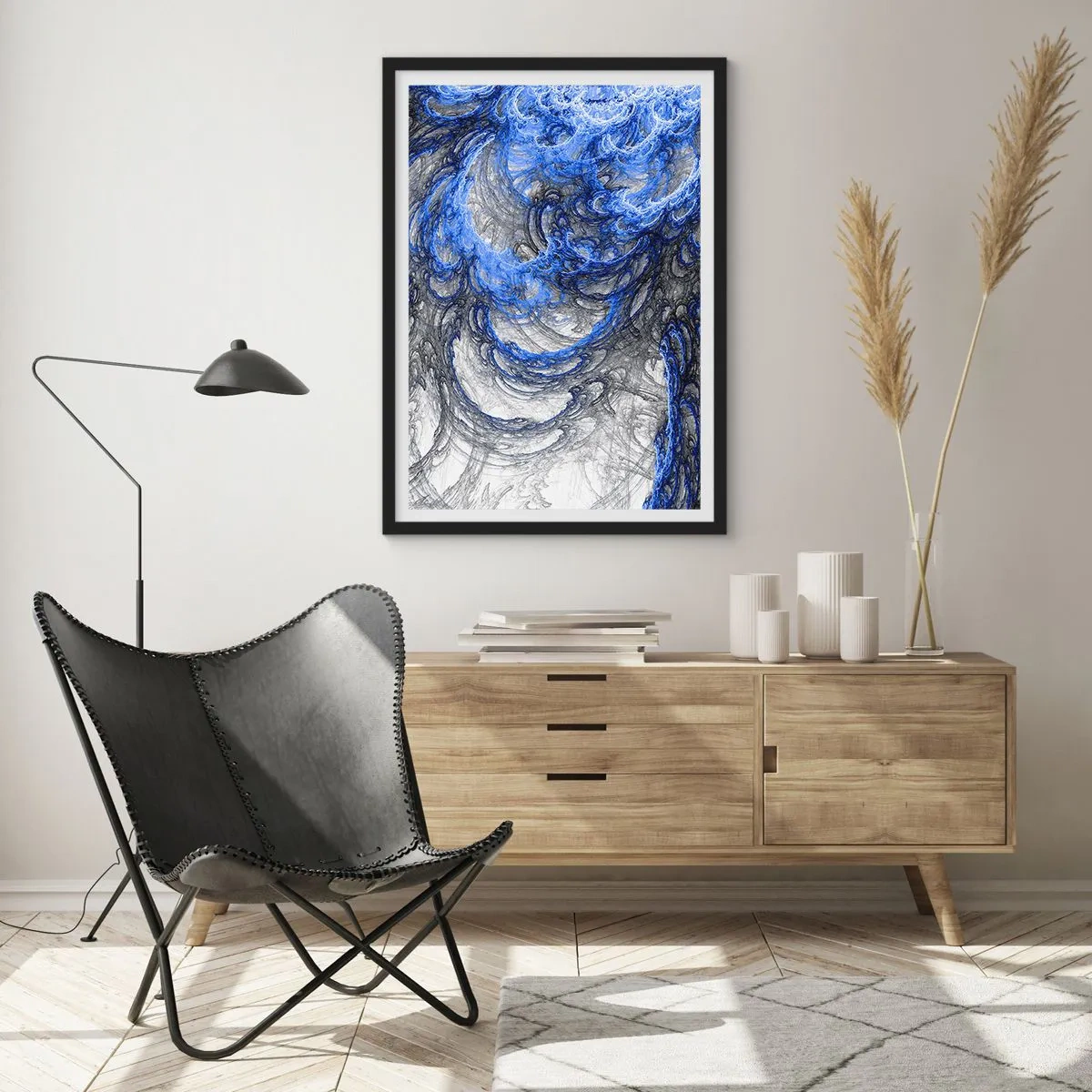 Poster in einem schwarzem Rahmen - Abstrakte Wellen in Blau- und Grautönen - 50x70cm - Die Geburt einer Welle - Moderne Wanddekoration für Wohnzimmer und Schlafzimmer ARTTOR