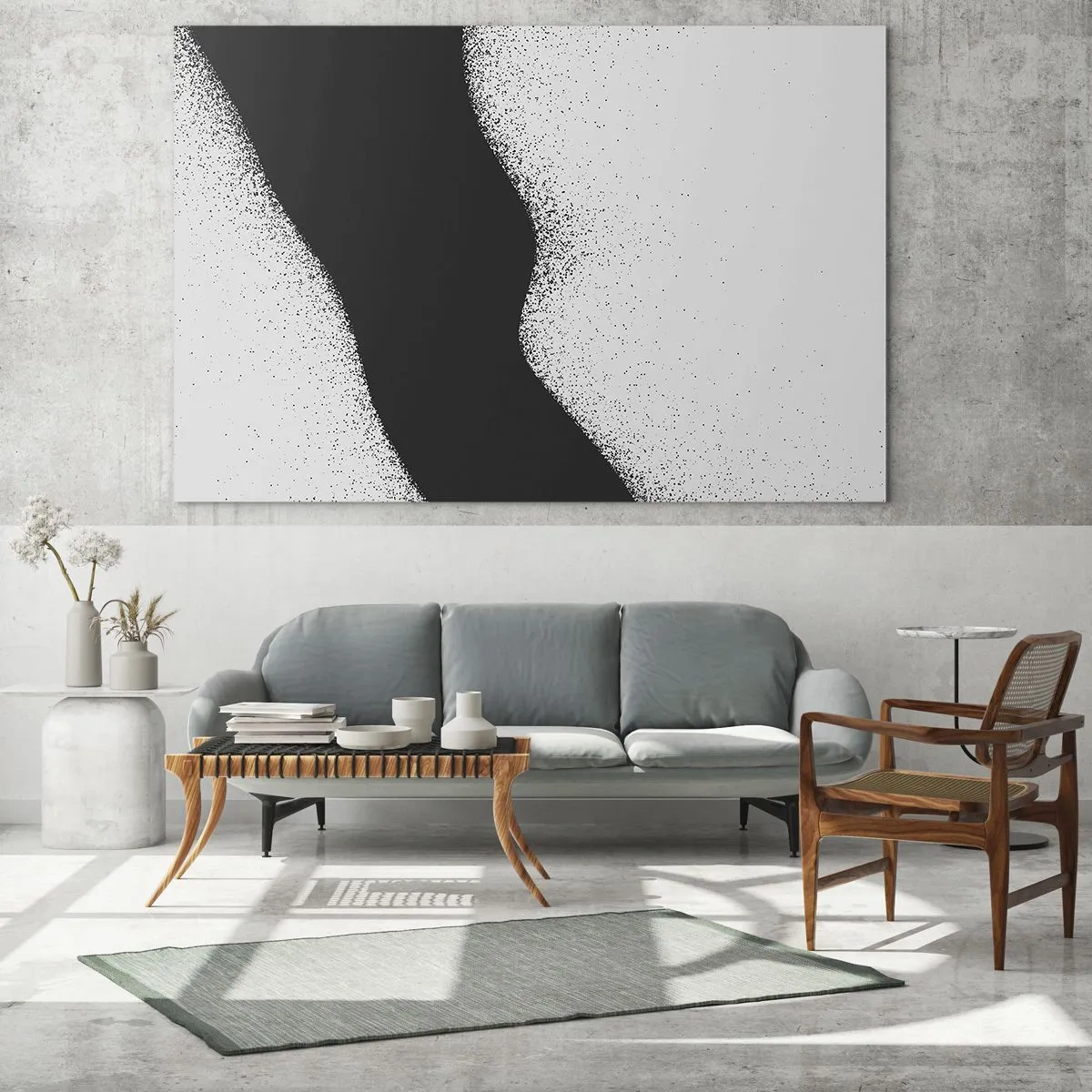 Glasbild - Bild auf glas - Minimalistische Schwarz-Weiß-Abstraktion mit einem Punktverlauf - 70x50cm - Flüssiges Gleichgewicht - Moderne Wanddekoration für Wohnzimmer und Schlafzimmer ARTTOR