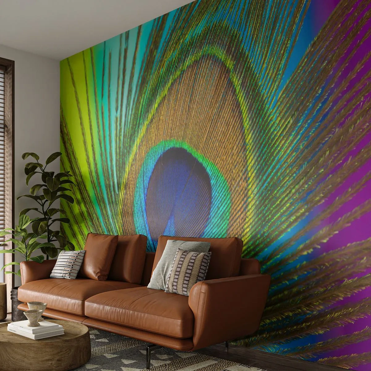 Fototapete Premium Canvas - Nahaufnahme einer Pfauenfeder mit lebendigen Farben - 100x70cm - Auge in Auge - Moderne Wanddekoration für Wohnzimmer und Schlafzimmer ARTTOR