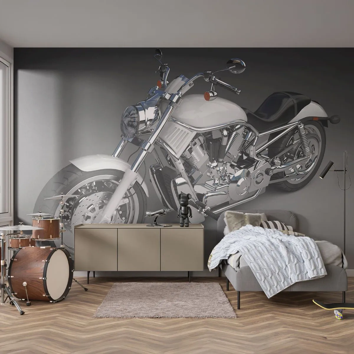 Fototapete Premium Sand - Weißes Cruiser-Motorrad auf grauem Hintergrund - 100x70cm - So dass man hinknien möchte - Moderne Wanddekoration für Wohnzimmer und Schlafzimmer ARTTOR