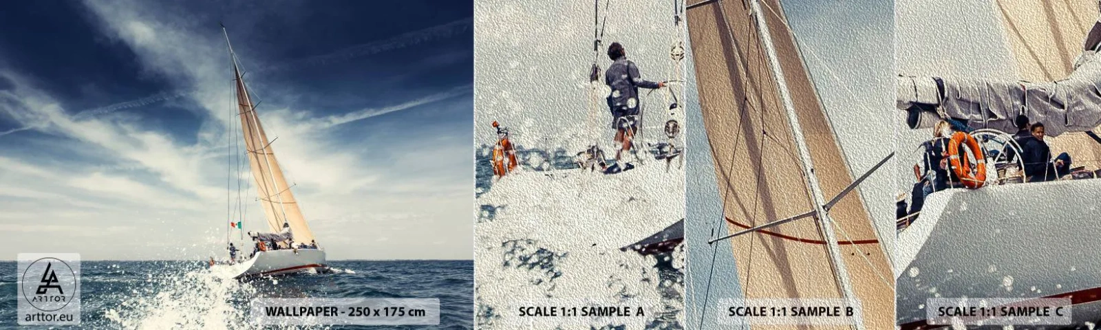 Fototapeten Muster Premium Sand - Sie werden uns nicht einholen! - Segelboot, Ozean, Segelyacht - 100x30 cm