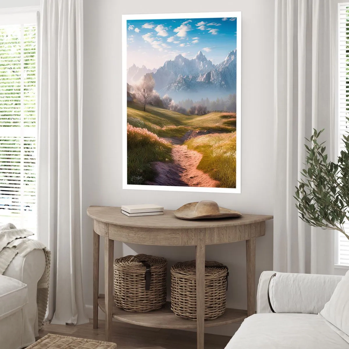 Poster - Ein Bergpfad, der bei Sonnenaufgang durch ein grünes Tal führt - 50x70cm - Idyllisches Tal - Moderne Wanddekoration für Wohnzimmer und Schlafzimmer ARTTOR