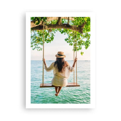 Poster - Frau auf einer Schaukel am Meer in tropischer Umgebung - 50x70cm - Das Leben ist wunderschön - Moderne Wanddekoration für Wohnzimmer und Schlafzimmer ARTTOR