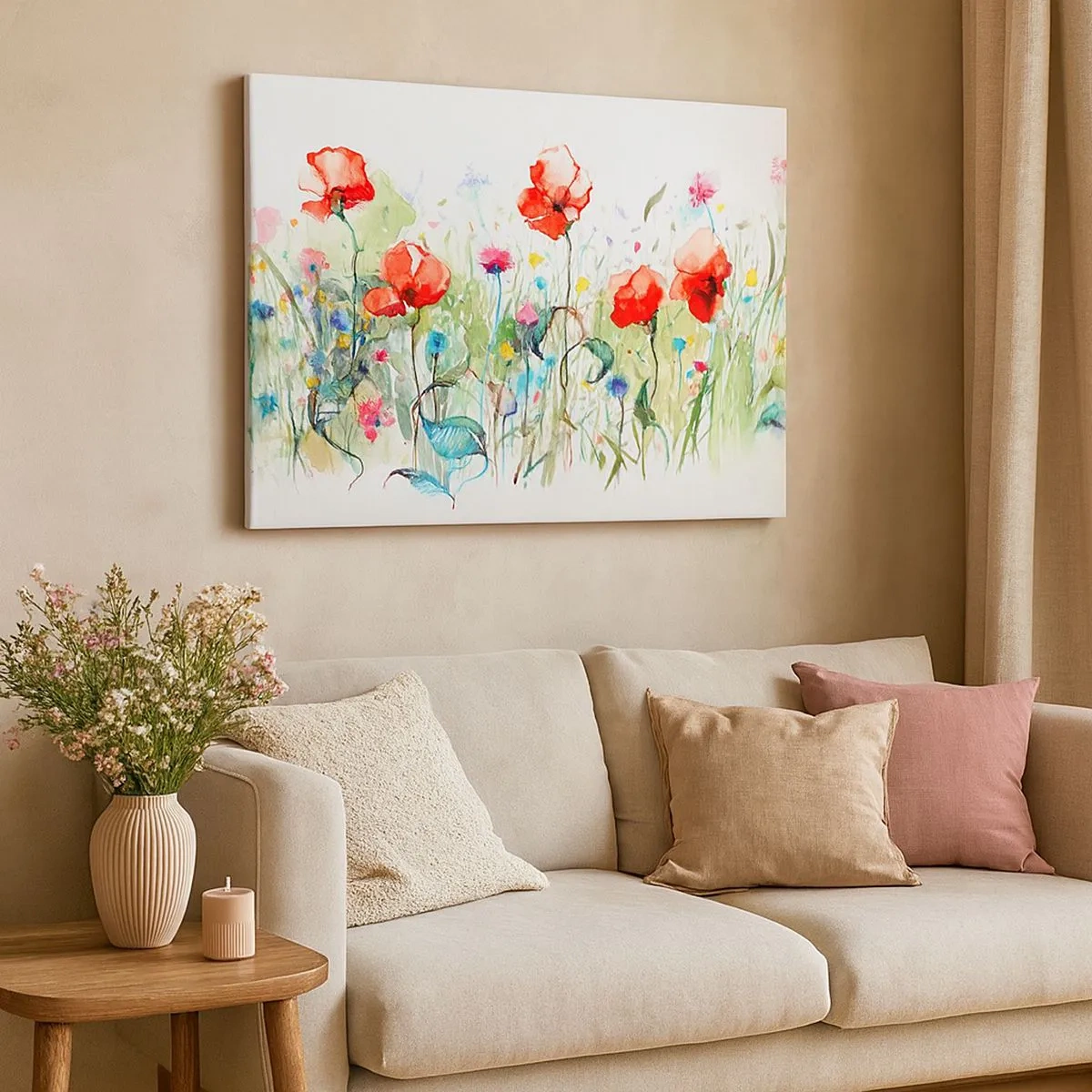 Bild auf Leinwand - Leinwandbild - Eine Wiese mit roten Mohnblumen und bunten Blumen in Aquarell - 70x50cm - Blühende Maiwiese - Moderne Wanddekoration für Wohnzimmer und Schlafzimmer ARTTOR