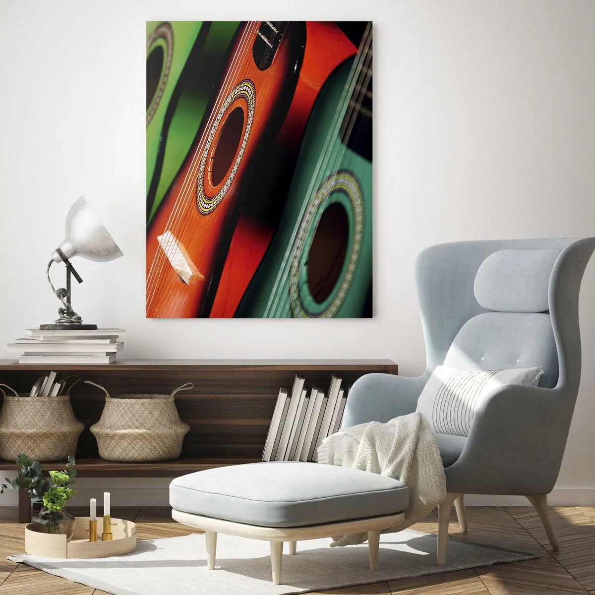 Glasbild - Bild auf glas - Bunte Gitarren in einer Reihe - 50x70cm - Die Gitarre hat viele Farben - Moderne Wanddekoration für Wohnzimmer und Schlafzimmer ARTTOR