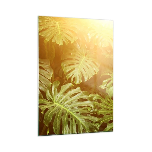 Glasbild - Bild auf glas - Grüne Monstera-Blätter im goldenen Licht der tropischen Sonne - 50x70cm - Ins Grüne tretren... - Moderne Wanddekoration für Wohnzimmer und Schlafzimmer ARTTOR