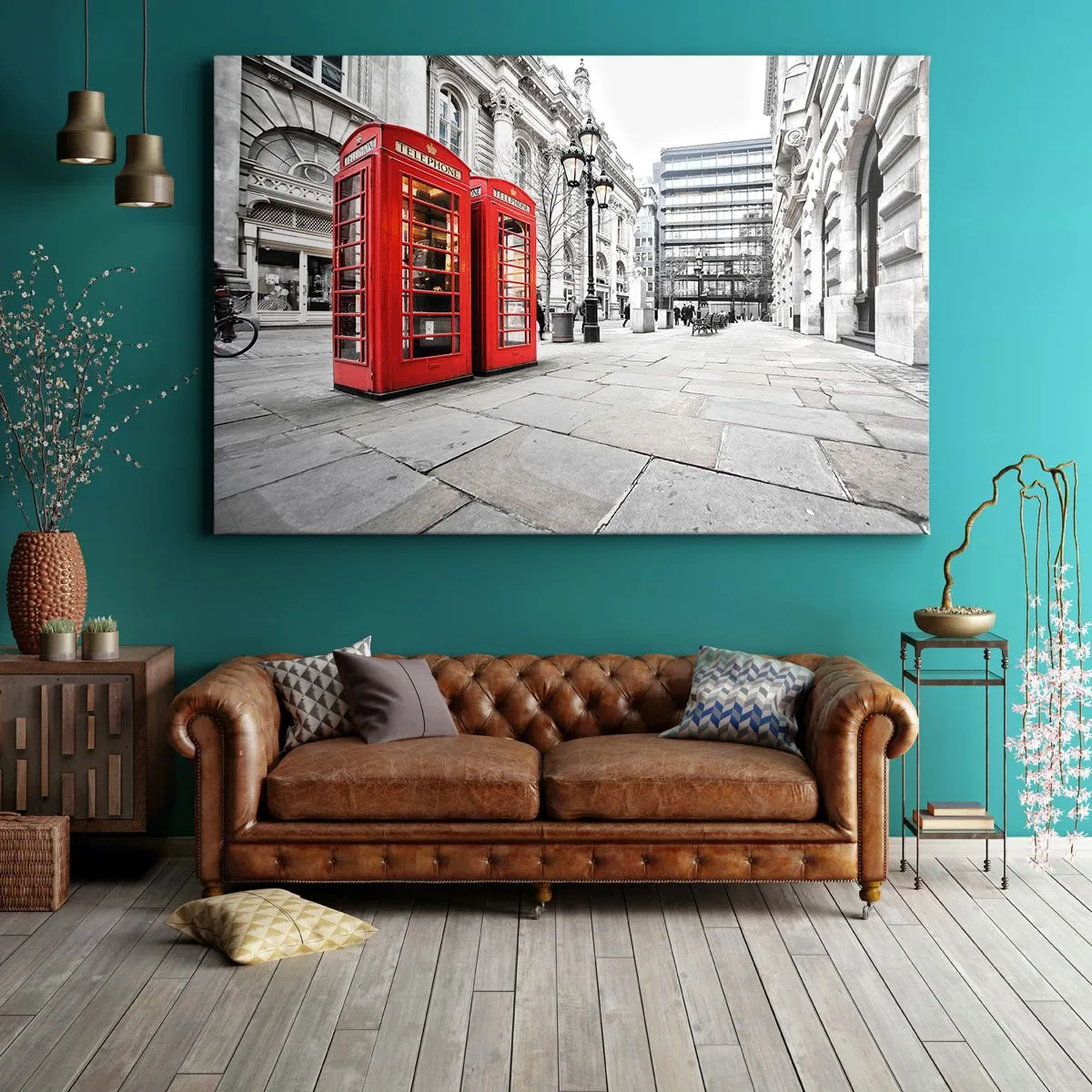 Bild auf Leinwand - Leinwandbild - Rote Telefonzellen vor dem Hintergrund der Stadtlandschaft - 100x70cm - Willkommen in London - Moderne Wanddekoration für Wohnzimmer und Schlafzimmer ARTTOR