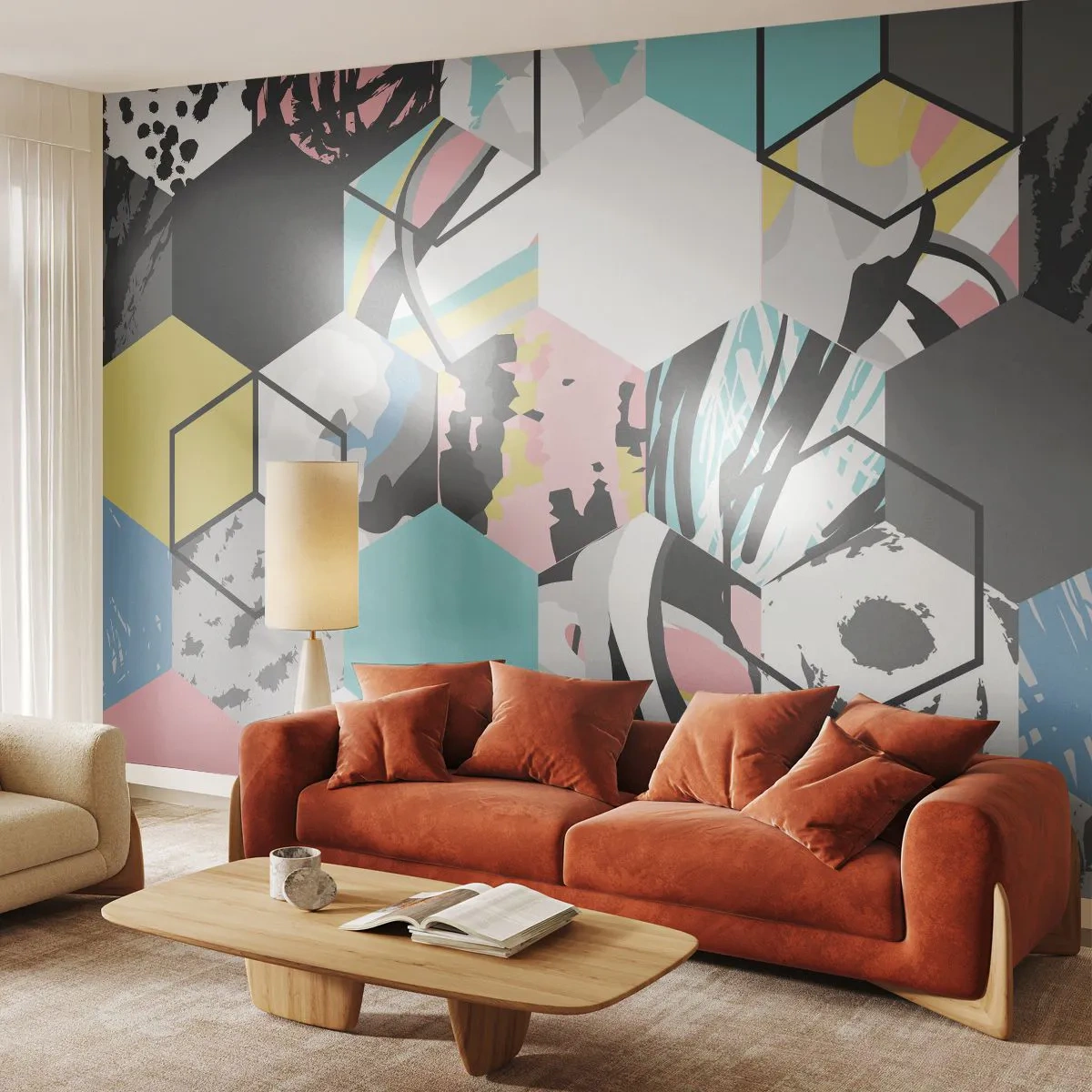 Fototapete Premium Canvas - Sechsecke und Würfel in sechs Farben - Abstraktion, Stück, Modernes Muster - 400x280 cm