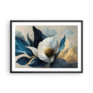 Poster in einem schwarzem Rahmen - Eine Blume mit blauen Blättern auf einem eleganten Hintergrund - 70x50cm - Er hat ein Herz aus Gold - Moderne Wanddekoration für Wohnzimmer und Schlafzimmer ARTTOR