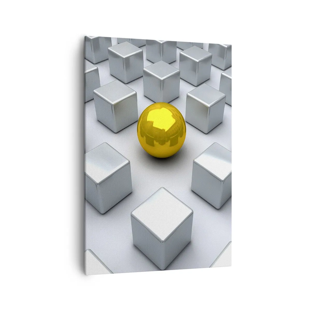 Bild auf Leinwand - Leinwandbild - Eine goldene Kugel, die zwischen den silbernen Würfeln hervorsticht - 70x100cm - Warum ich? Geometrische Zusammensetzung - Moderne Wanddekoration für Wohnzimmer und Schlafzimmer ARTTOR